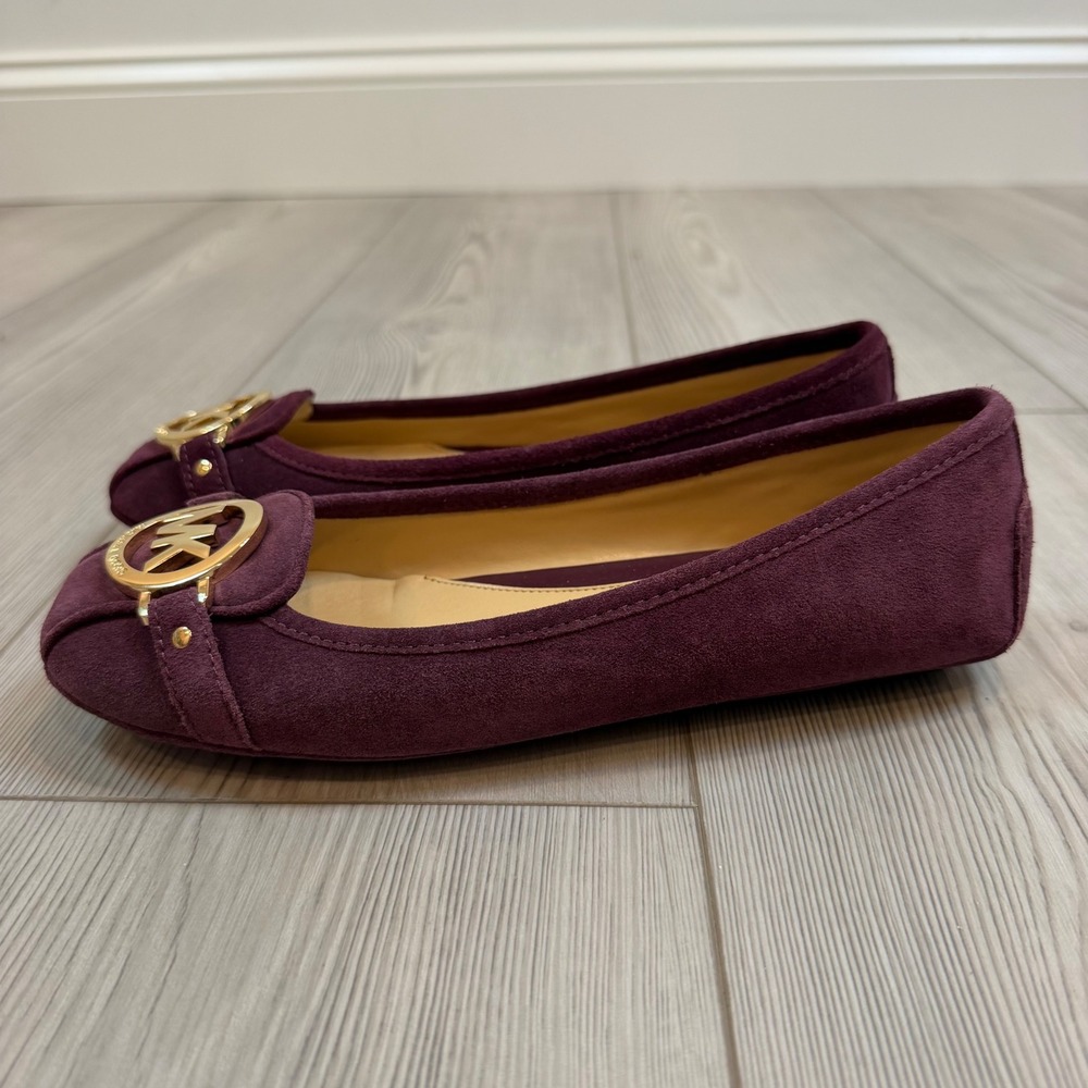 Michael Kors Fulton Moc Plum Suede Ballet Flats Gold Logo 6.5M 40F1FUFR1S
